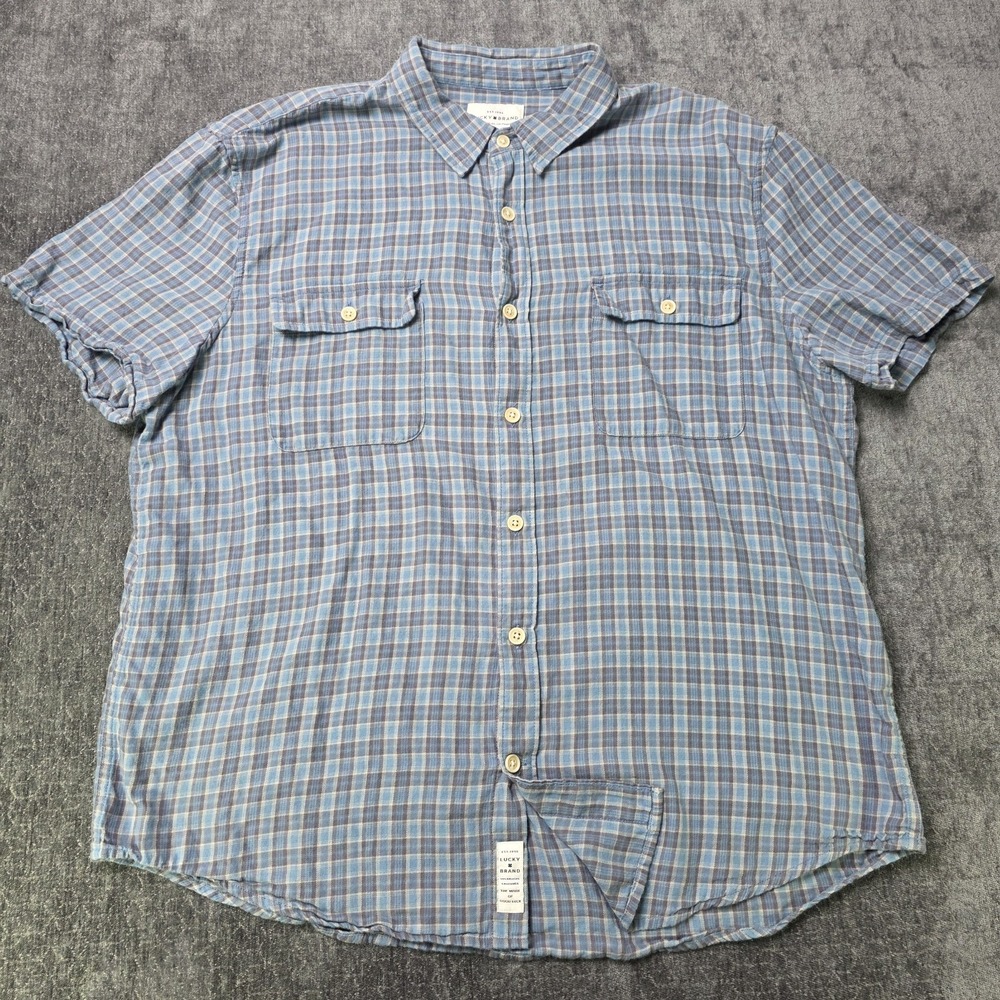 Lucky Brand Shirt Mens XL Dual Pocket Blue Plaid Button Up Preppy Outdoor